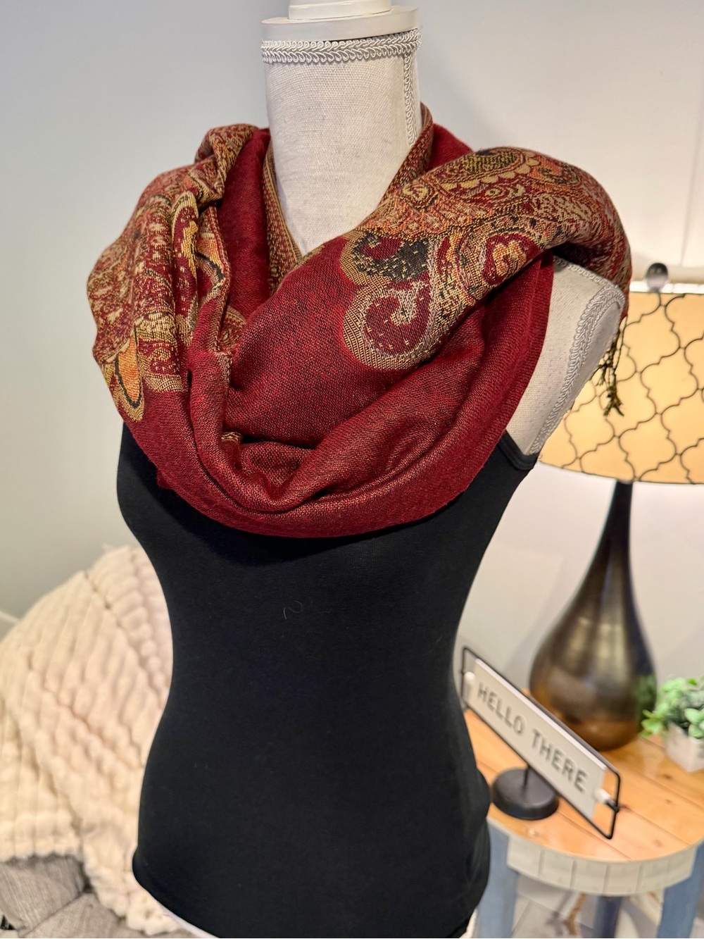 Burgundy Paisley Fringe Scarf Wrap